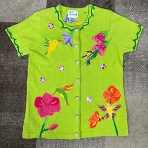 The Quacker Factory Women's Green Hummingbird Flower Embroidered Cardigan Size M